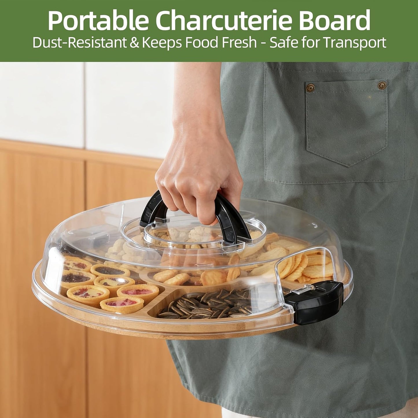 YANG Charcuterie Board with Lid, Divided Bamboo Serving Tray with Handle & Locking Lid, Portable Serving Platter for Party Outdoor Picnics Camping Gift Ready (6 Compartments,Round)