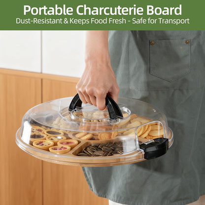 YANG Charcuterie Board with Lid, Divided Bamboo Serving Tray with Handle & Locking Lid, Portable Serving Platter for Party Outdoor Picnics Camping Gift Ready (6 Compartments,Round)