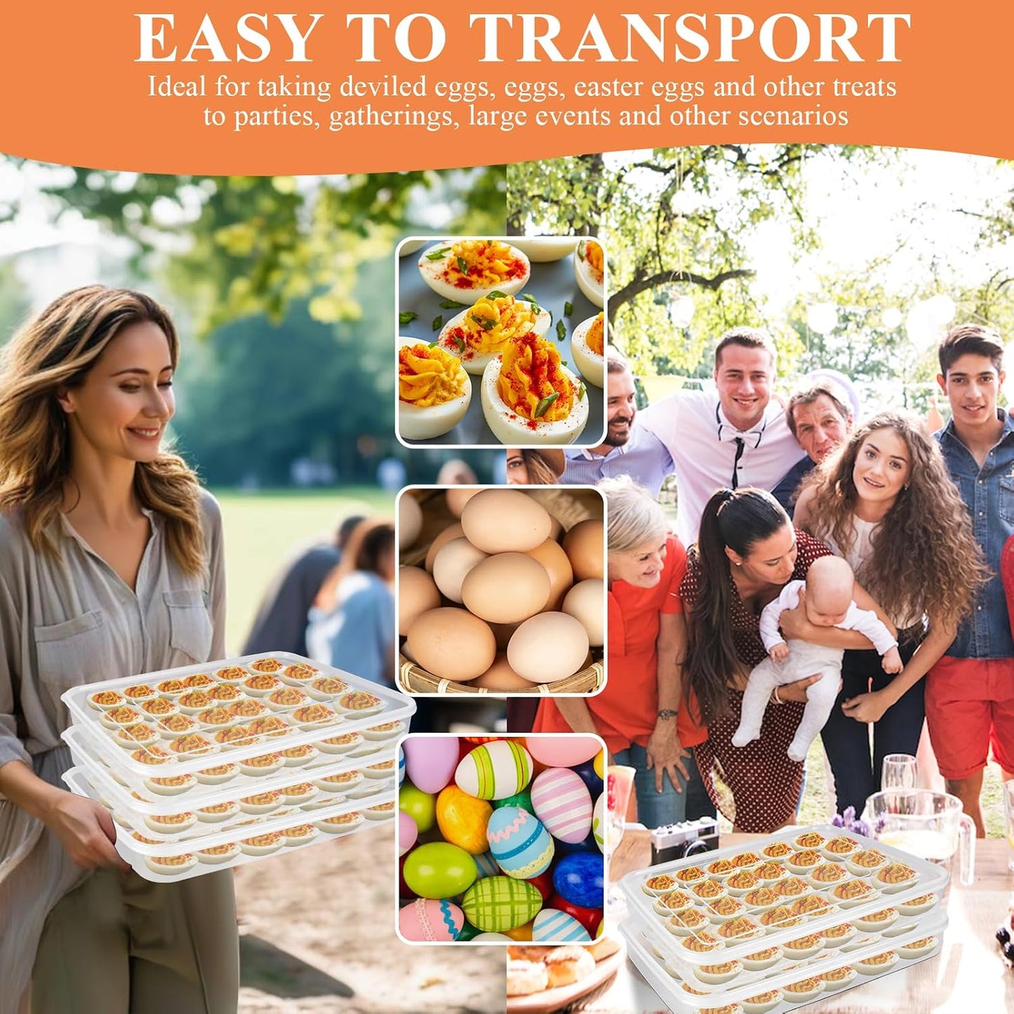 3 Pcs 90 Slots Deviled Egg Containers with Lids, Plastic Deviled Egg Platter, Stackable Egg Carrier, Reusable Deviled Egg Holders with Piping Tool Set for Thanksgiving Easter Party Picnic