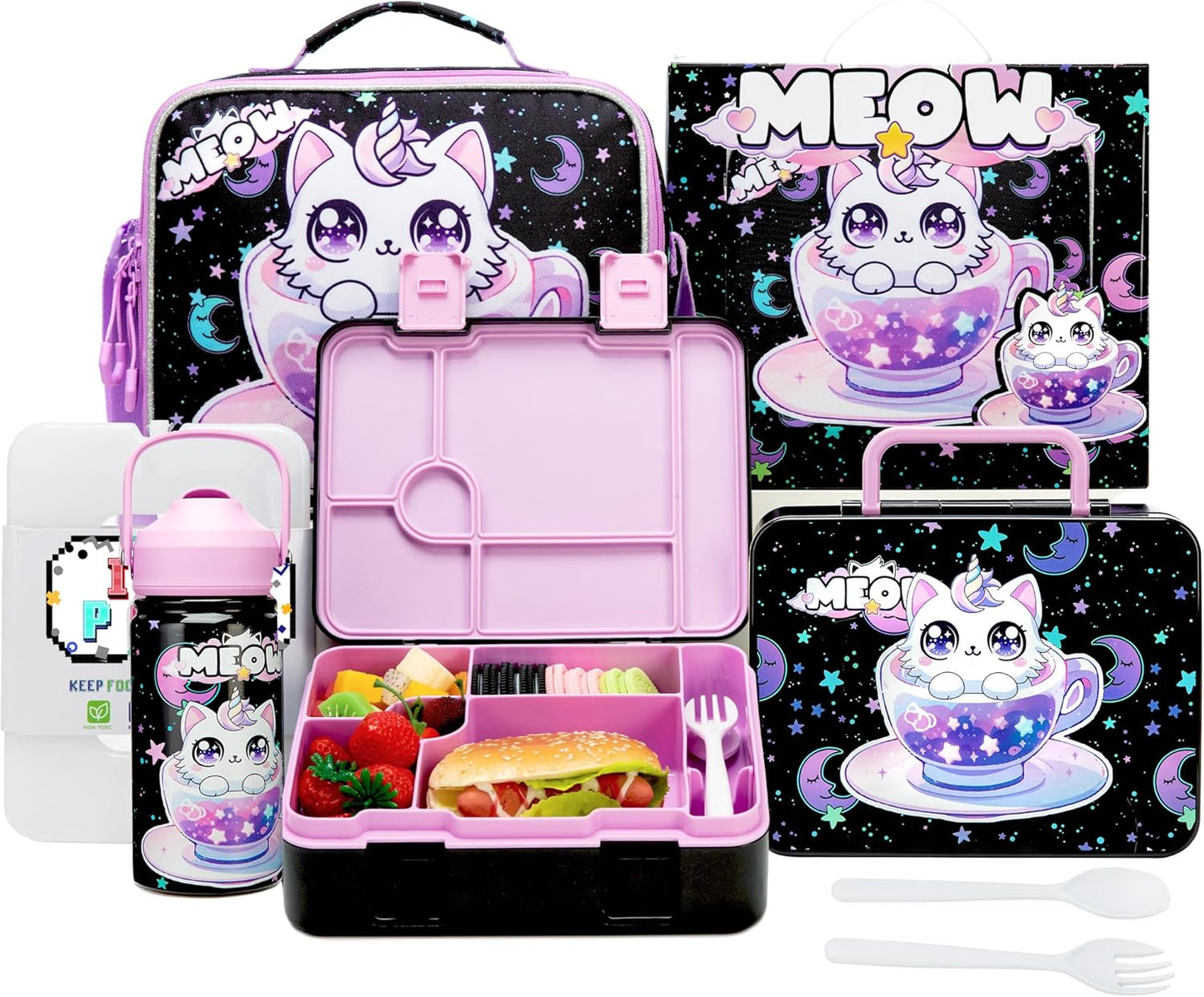 Kids Bento Lunch Box with 6 Compartments Girls Lunch Box with Lunch Bag,Stainless Steel Water Bottle,Ice Pack & Utensils Set,Birthday Gifts for Ages 3-12 Back to School Toddler Girls