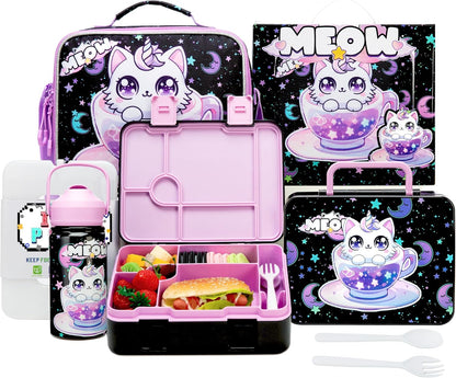 Kids Bento Lunch Box with 6 Compartments Girls Lunch Box with Lunch Bag,Stainless Steel Water Bottle,Ice Pack & Utensils Set,Birthday Gifts for Ages 3-12 Back to School Toddler Girls
