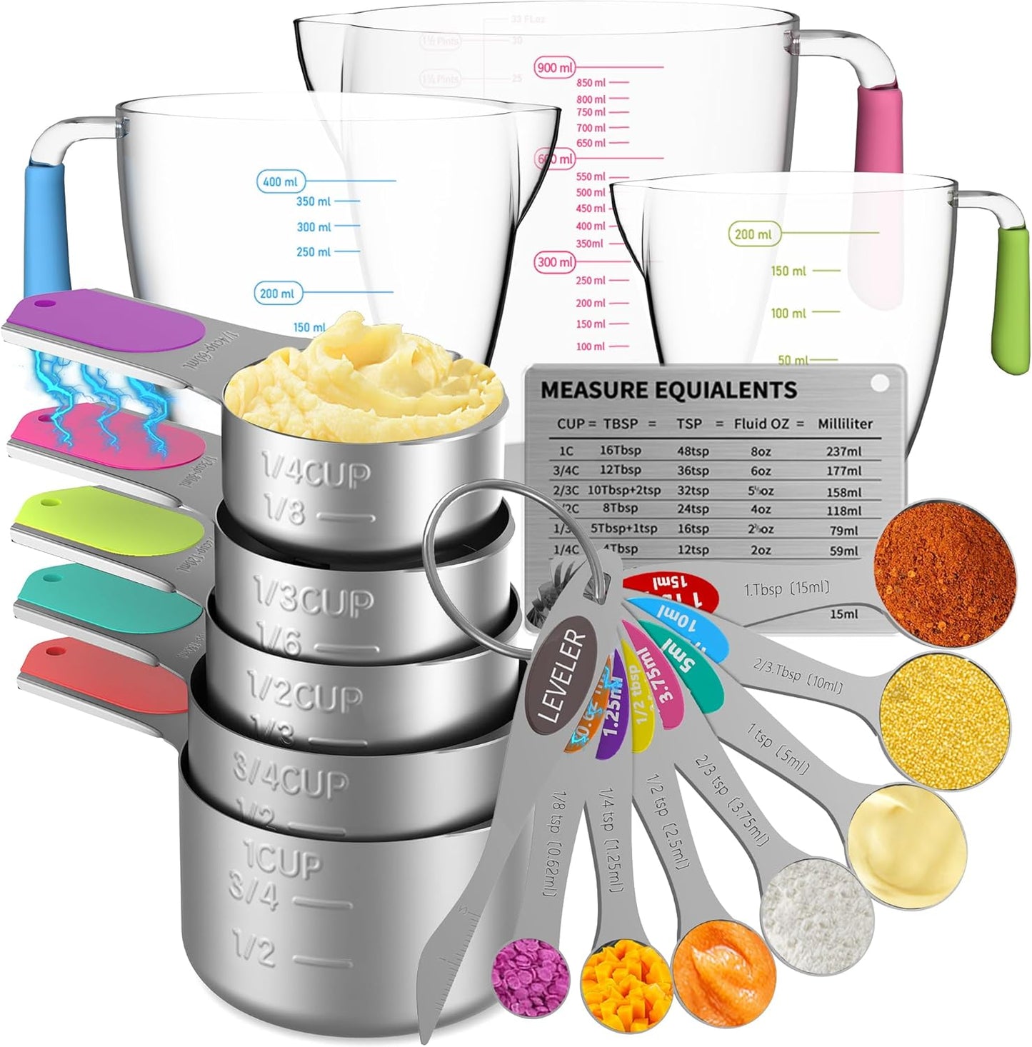 Magnetic Measuring Cups and Spoons Set, 5 Stainless Steel Measuring Cups for Dry and Liquid Ingredients, 7 Magnetic Measuring Spoons, 3 Plastic Measuring Cup with 1 Measuring Conversion Chart