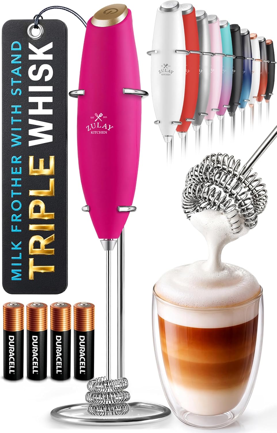 Zulay Kitchen Rechargeable Milk Frother Handheld - Frother Wand, Drink Mixer, Electric Whisk Frother, for Cappuccinos, Matcha & Protein Powder - Dynamic 3 Whisk, 3 Speed 500mAh Black - Colors A