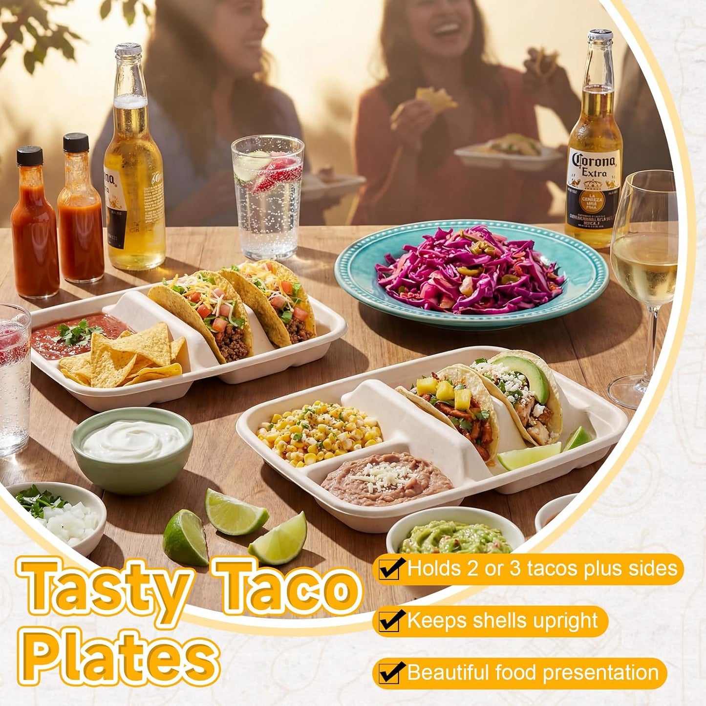 50 Pack Disposable Taco Plates for 2 Tacos & 2 Sides Fiesta Tacos Stand Holder Paper Plates with Dividers for Taco Bar Serving Party Supplies