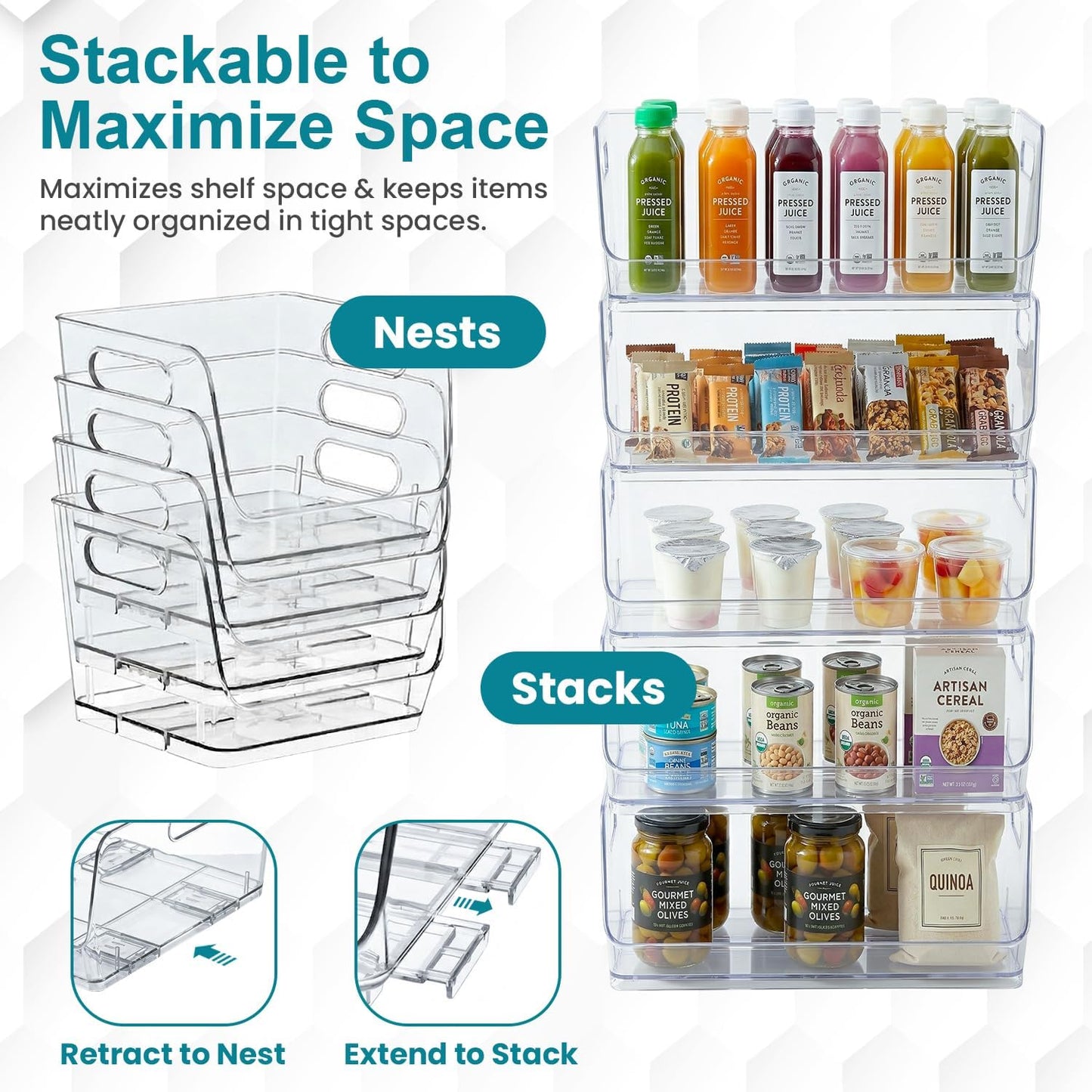 Basicwise 9-Inch Open-Front Clear Storage Bin with Easy-Grip Handle Stackable Transparent Plastic Organizer Container for Pantry Cabinet Refrigerator Drawers Closets and Shelf Organization, Medium