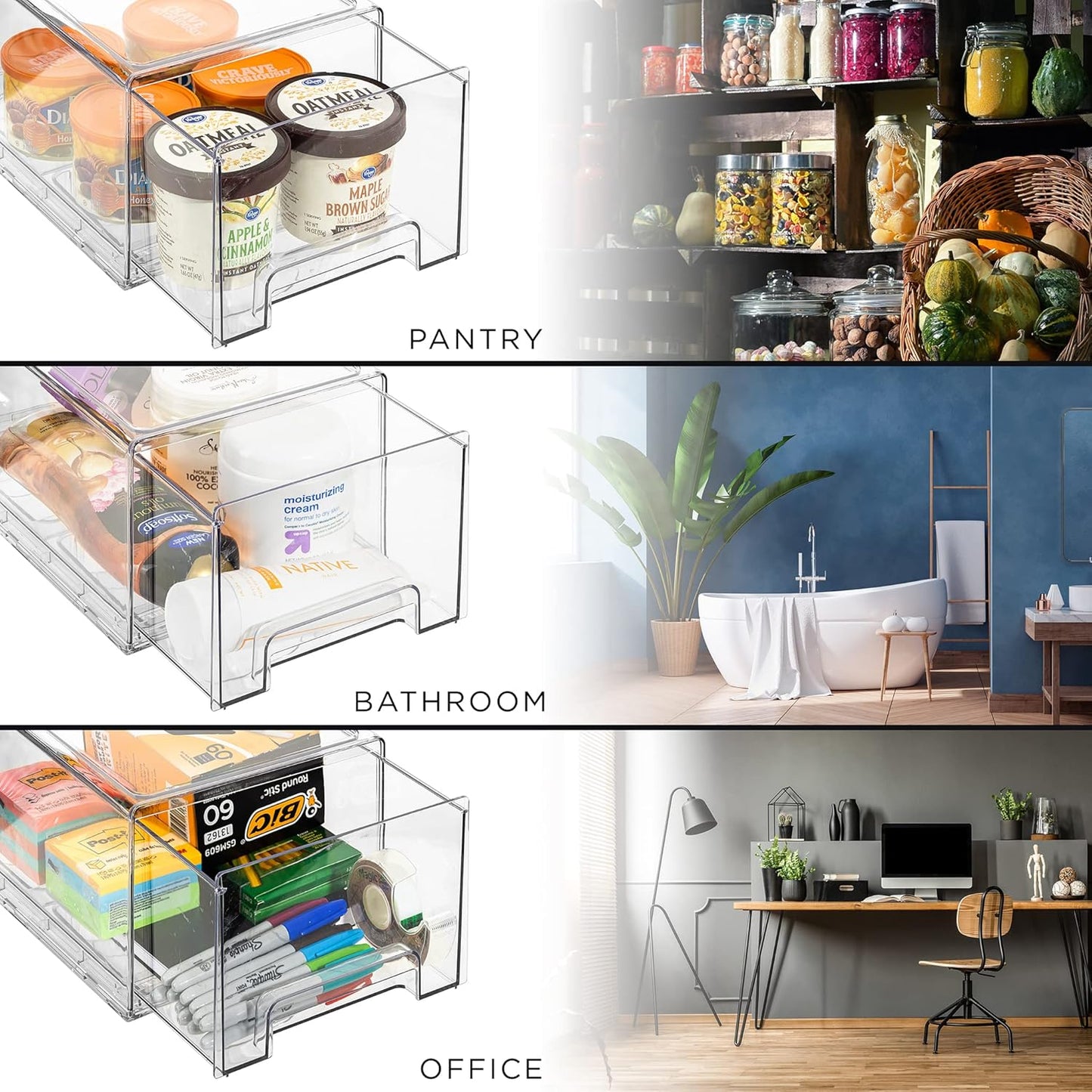 Sorbus Plastic Storage Bins Stackable Clear Pantry Organizer Box Bin for Organizing Kitchen Fridge, Food, Snack Pantry, Fruit, Vegetables, Bathroom, Wide & Narrow Deep (6 Pack)