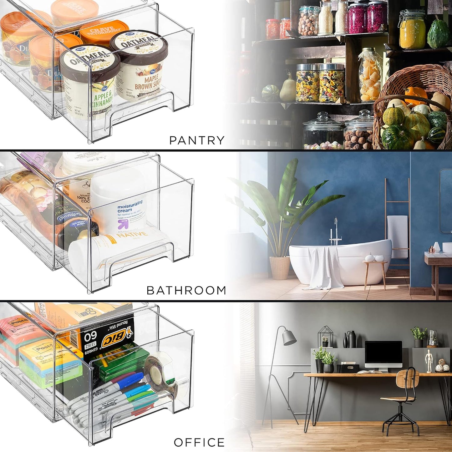 Sorbus Plastic Storage Bins Stackable Clear Pantry Organizer Box Bin for Organizing Kitchen Fridge, Food, Snack Pantry, Fruit, Vegetables, Bathroom, Wide & Narrow Deep (4 Pack)