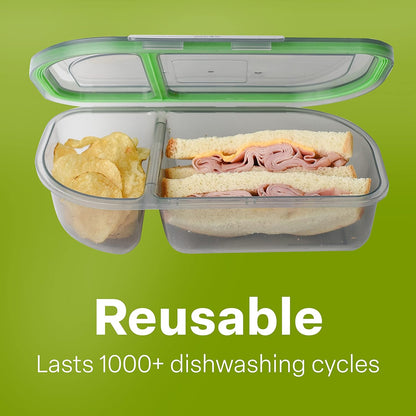 MyGo Container Large To-Go 3-Compartment Food Containers, Pack Of 3, 9-3/8" X 9-3/8" X 2-1/2", Reusable, Microwave Safe, NSF Certified, Smoke/Green