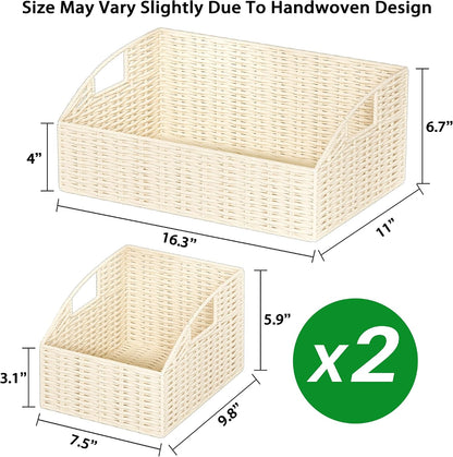 Rattan Storage Baskets, Handwoven Wicker Storage Bins with Built-in Handles, Storage Container Baskets for Shelves, Bedroom, Bathroom, Laundry Room or Kitchen(Natural)