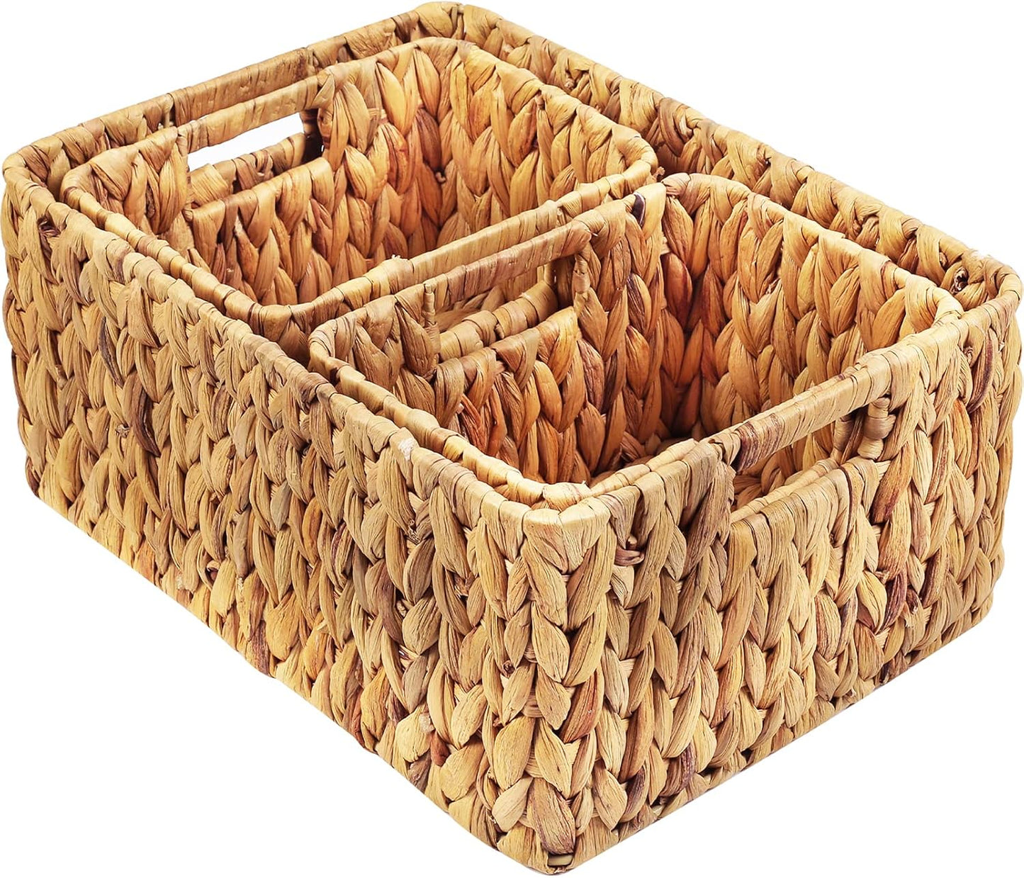 HOONEX Water Hyacinth Storage Baskets, Wicker Baskets for Storage, Hand Woven Baskets with Carry Handles, Set of 2, Natural