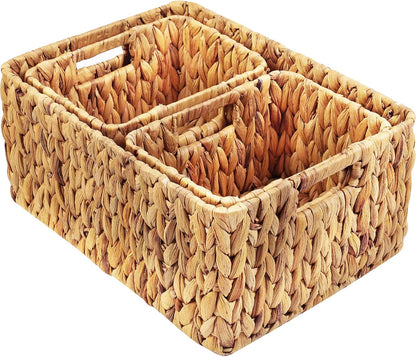 HOONEX Water Hyacinth Storage Baskets, Wicker Baskets for Storage, Hand Woven Baskets with Carry Handles, Set of 2, Natural