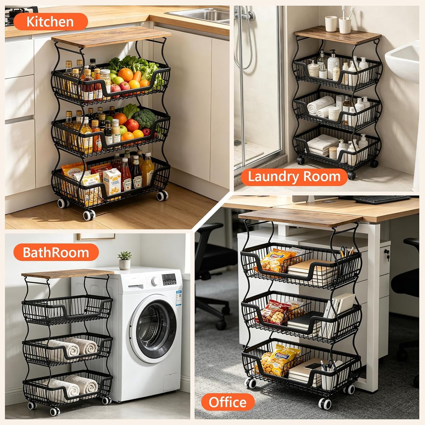 2 Pack 3-Tier Rolling Kitchen Storage Cart Fruit Basket Stand for Vegetables & Snacks Stackable Wire Pantry Floor Organizer with Wheels for Kitchen, Living Room, Bedroom, Office (Black)