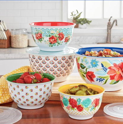 Pioneer Woman Floral Spring Bouquet Melamine Mixing Bowl Set, 10 Piece Set With Lids