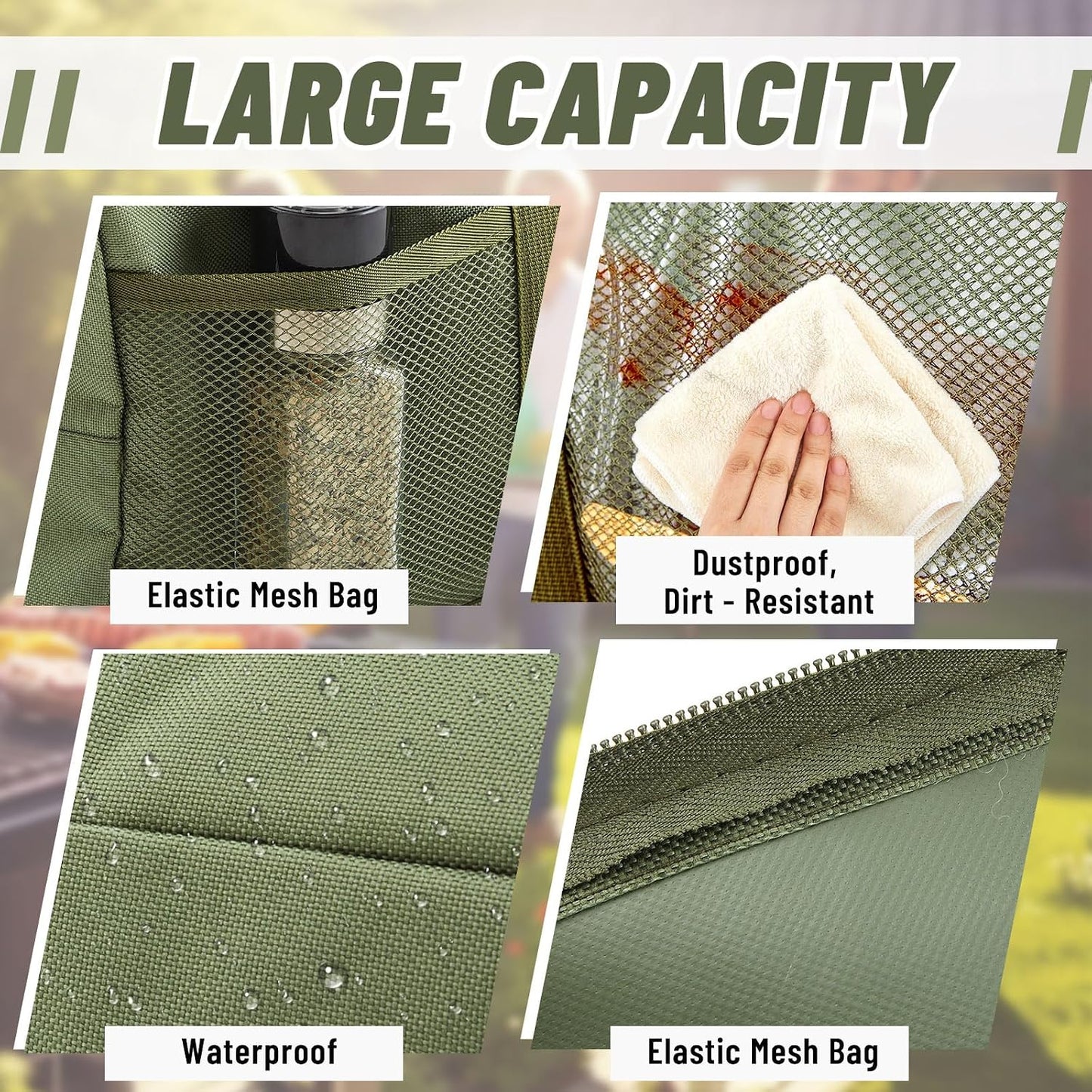 24" Grill Tool Storage Bag, Heavy Duty Waterproof BBQ Tools Bag, 24" x 8" x 8", Large Grill Utensil Storage Caddy with Pockets, BBQ Accessories for Outdoor Barbecue, Camping, Hiking(Green)