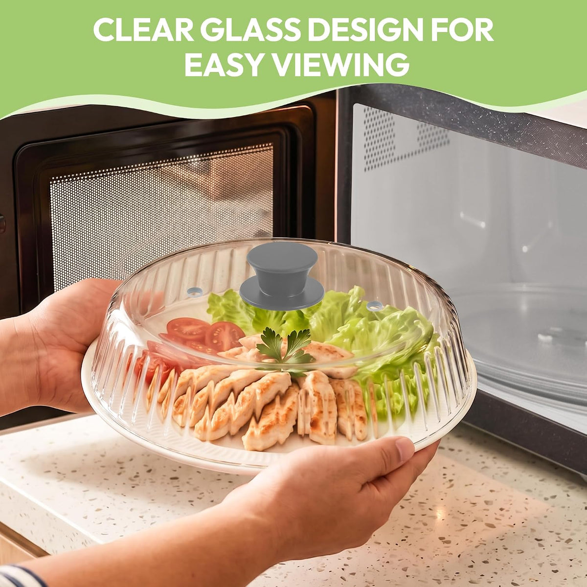 Glass Microwave Cover for Food, 10 Inch Heat Resistant Splatter Guard Lid with Silicone Mat & Vent Holes, Borosilicate Glass Dishwasher Safe, BPA-Free No Plastic