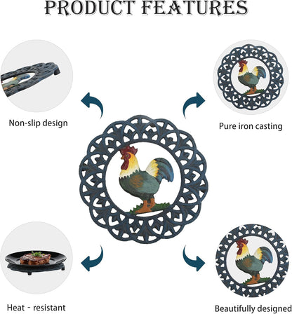 Cast Iron Trivet, 7.28 inch Metal Trivet for Hot Dishes, Heat-Resistant Decorative Trivets to Protect Dining Countertop or Kitchen Decoration with 2 Silicone Mini Pinch Mitts