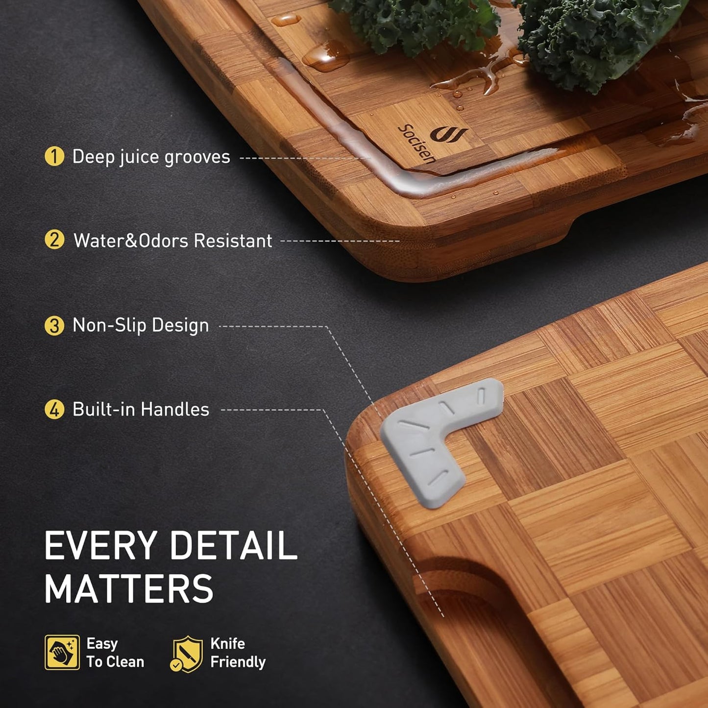 3 Pack Bamboo Cutting Board Set Non Toxic Wooden Cutting Board for Kitchen Non Slip Solid End Grain Thick Wood Juice Groove Chopping Board Edge Grain Teak Smart Marble Flexible Round Stone Metal