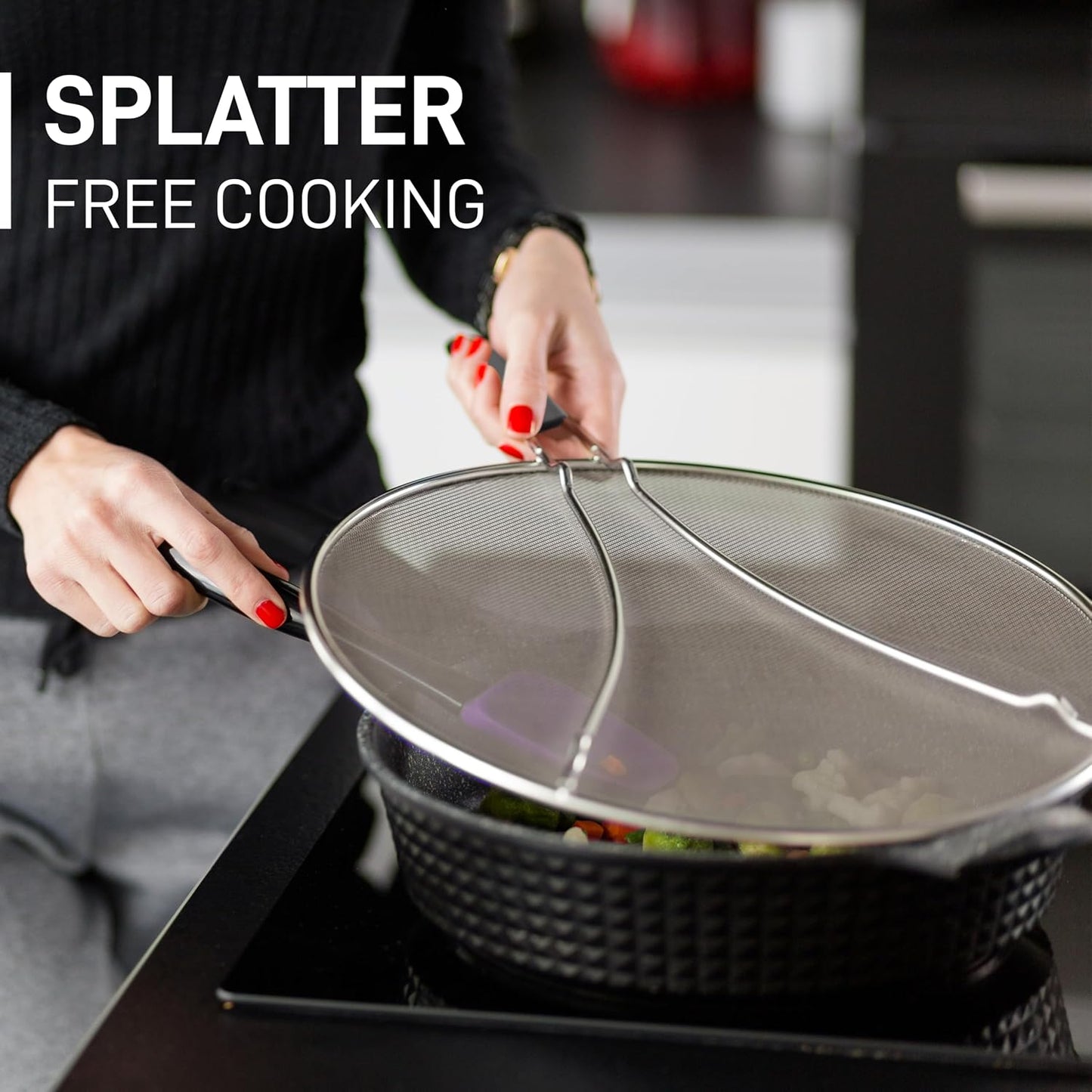 Zulay Kitchen Splatter Screen for Frying Pan (13”) - Grease Splatter Guard for Frying Pan - Oil Splatter Guard - Oil Splash Guard for Frying Pan - Stainless Steel Grease Screen for Stove Top (Black)