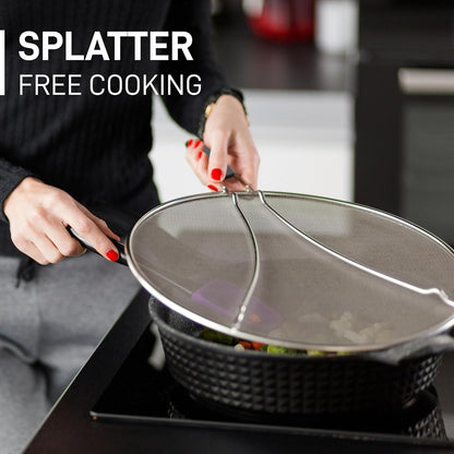 Zulay Kitchen Splatter Screen for Frying Pan (13”) - Grease Splatter Guard for Frying Pan - Oil Splatter Guard - Oil Splash Guard for Frying Pan - Stainless Steel Grease Screen for Stove Top (Black)