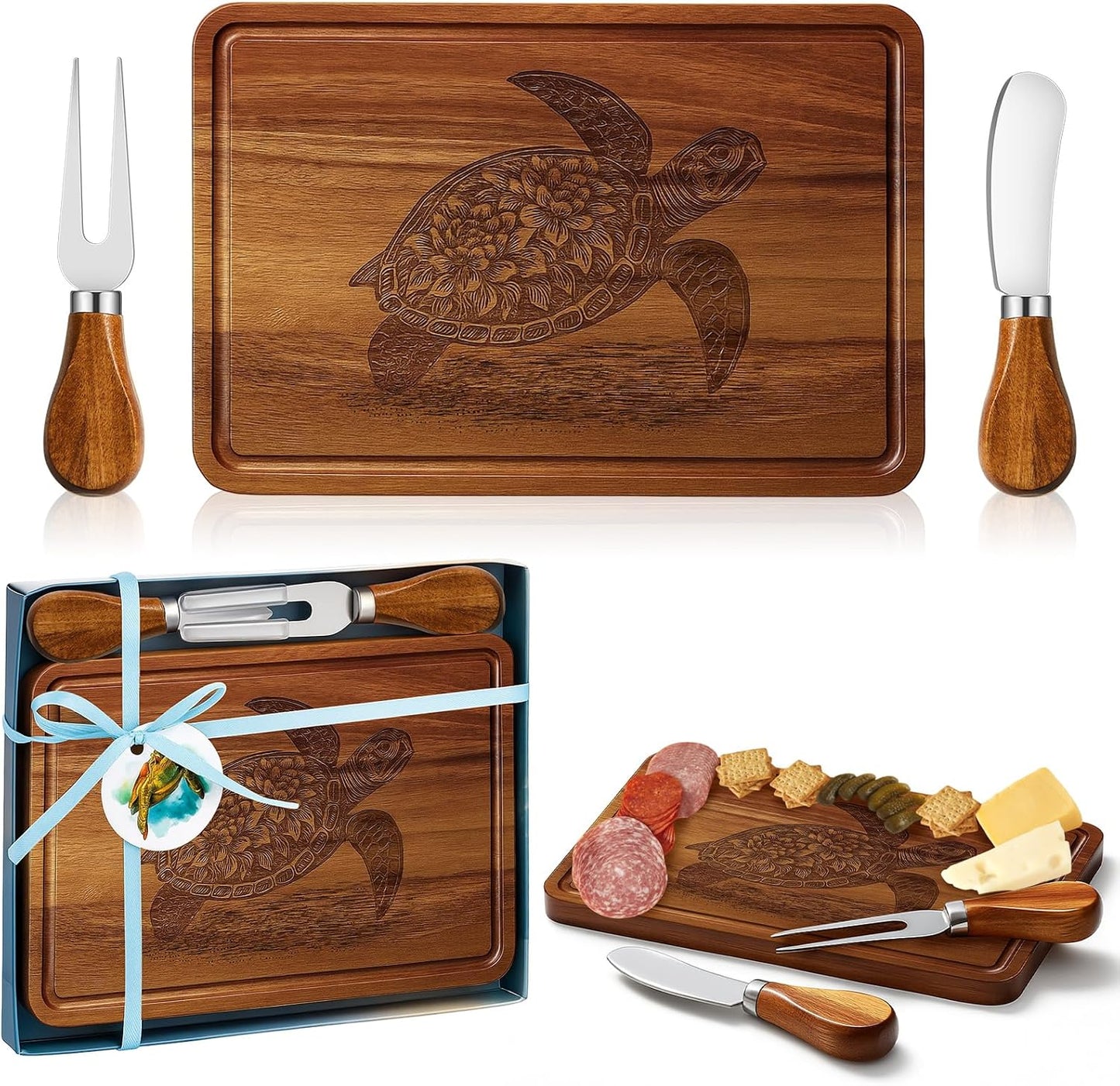 Ziliny Sea Turtle Shaped Cheese Board Set Small Charcuterie Cutting Board Wooden Platter with Knives Forks Funny Serving Trays Turtle Gift for women Christmas Party Kitchen Decoration