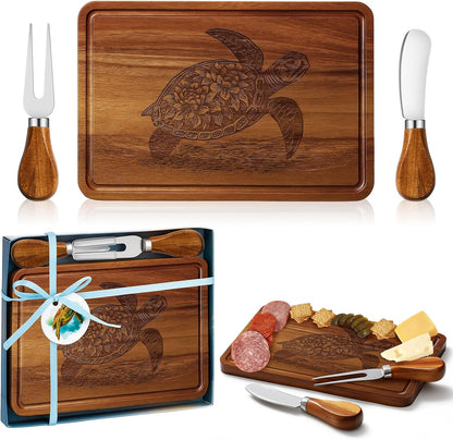 Ziliny Sea Turtle Shaped Cheese Board Set Small Charcuterie Cutting Board Wooden Platter with Knives Forks Funny Serving Trays Turtle Gift for women Christmas Party Kitchen Decoration