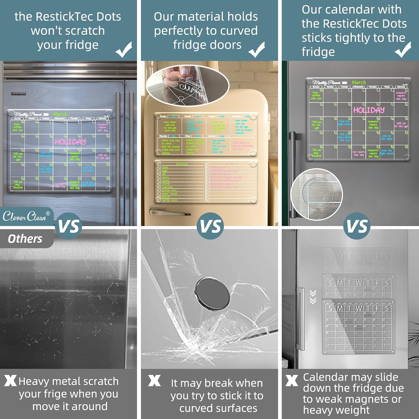 Clear Non-Magnetic Meal Planner Set for Fridge - Dry Erase Transparent Menu and List Board - Sticks to Wall, Glass, Door, Any Smooth Surfaces