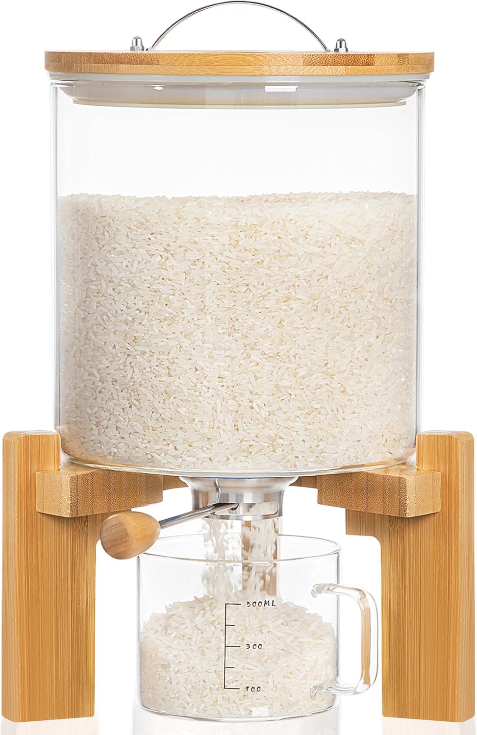 HBlife 5-7 Lbs Glass Rice Dispenser with Wooden Stand Flour and Cereal Container with Glass Measuring Cup Pantry Food Organization Storage Bin with Airtight Bamboo Lid, 3L