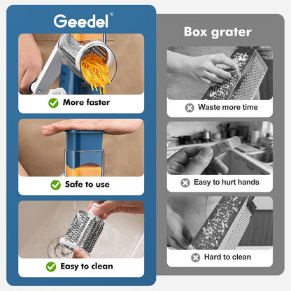 Geedel Rotary Cheese Grater, Kitchen Mandoline Vegetable Slicer with 3 Interchangeable Blades, Easy to Clean Rotary Grater Slicer for Cheese, Vegetables, Nuts
