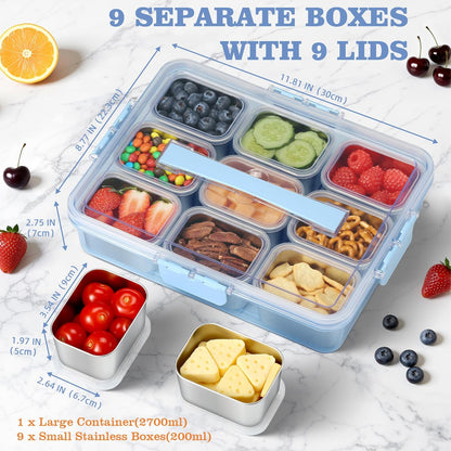 Snackle Box Container, Stainless Steel Snack Containers for Adults, 9 Compartments Divided Serving Tray with Lids and Handle, Portable Snack Platter for Parties, Grey