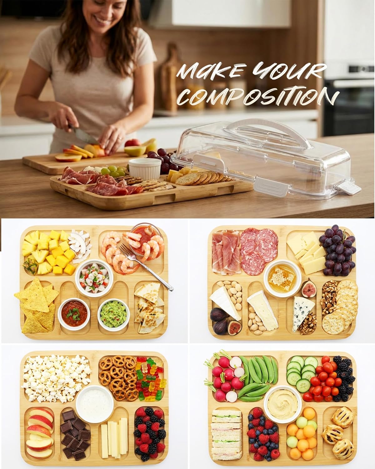 Charcuterie Board with Lid & Ice, Upgraded 6 Snap Laches, Sauce Cup Included, Large Portable Cheese Tray with Handle, Serving Tray for Picnic & Pool, House Warming Gifts New Home (Black)