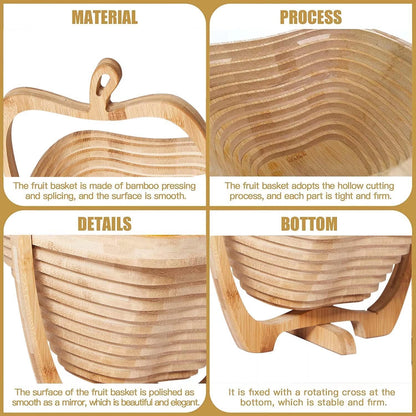 Foldable Bamboo Dried Fruit Basket Apple Shaped Collapsible Bread Nuts Baskets Candy Gifts Fruit Bowl Holder Wooden Snack Box for Kitchen Table