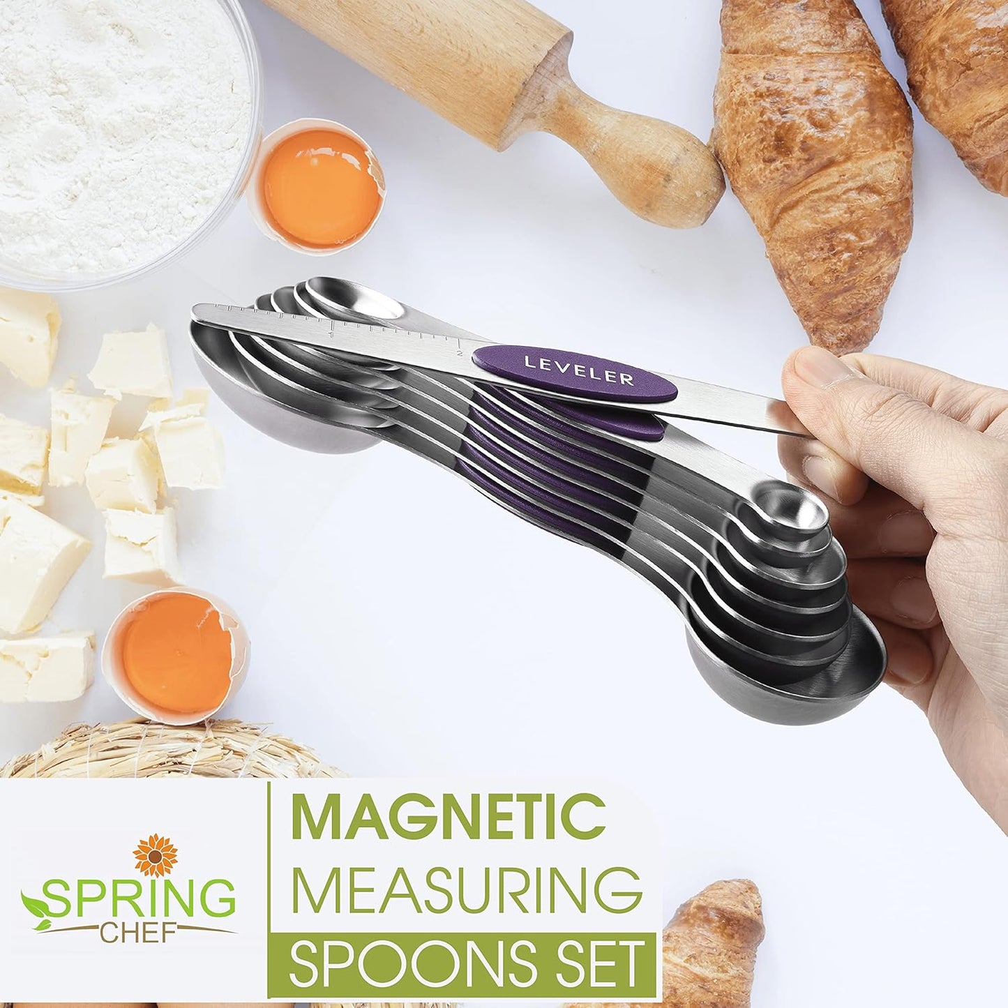 Spring Chef Stainless Steel Magnetic Measuring Spoons Set with Strong N45 Magnets, Heavy Duty Metal Kitchen Gadgets for Baking & Cooking, Fits in Most Kitchen Spice Jars, Set of 8 with Leveler, Black
