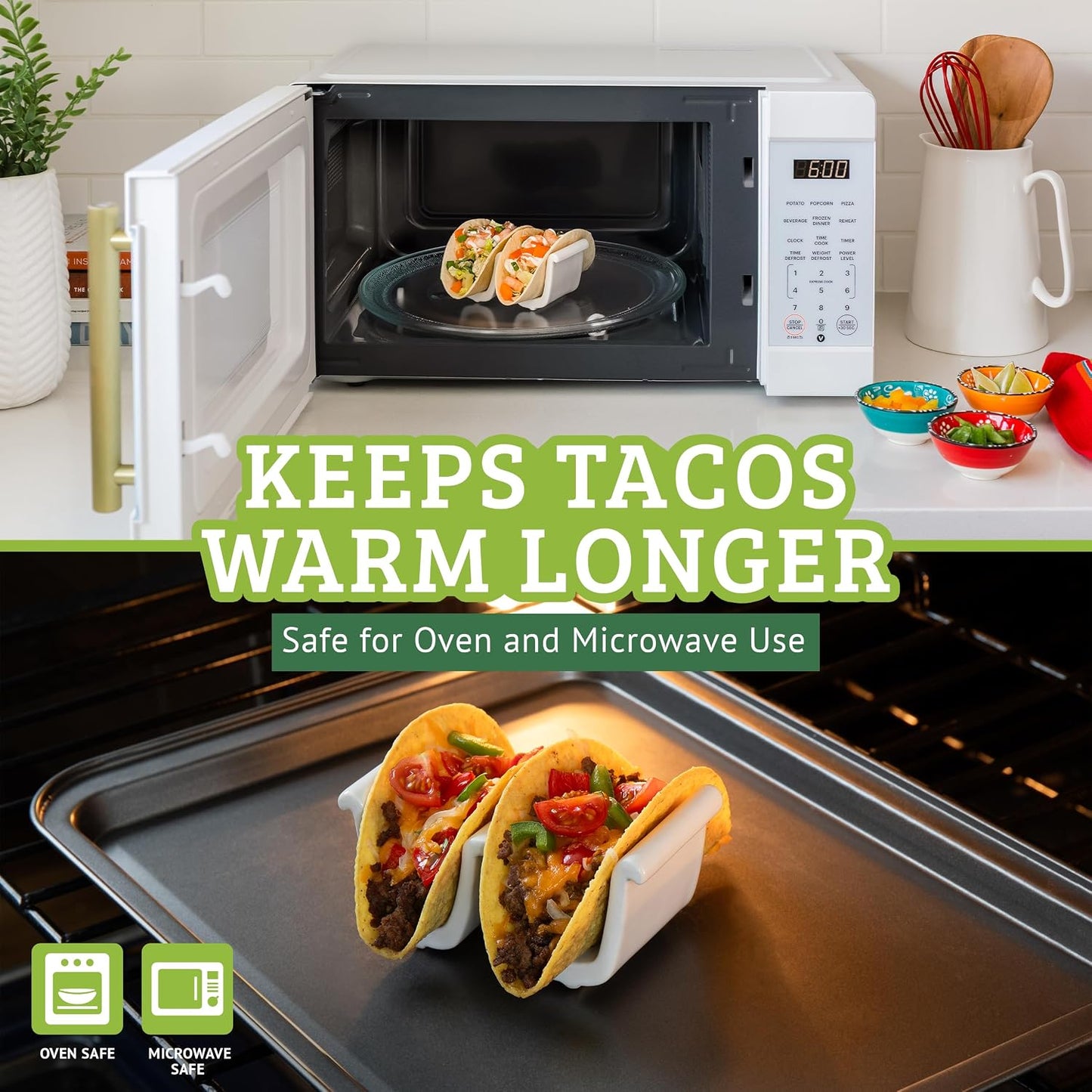 Ceramic taco holder (2 Pack) soft taco holders, Holds 4 tacos, wrap server for oven and Kitchen, For Hard and Soft Shell, Dishwasher & Microwave Safe (White)