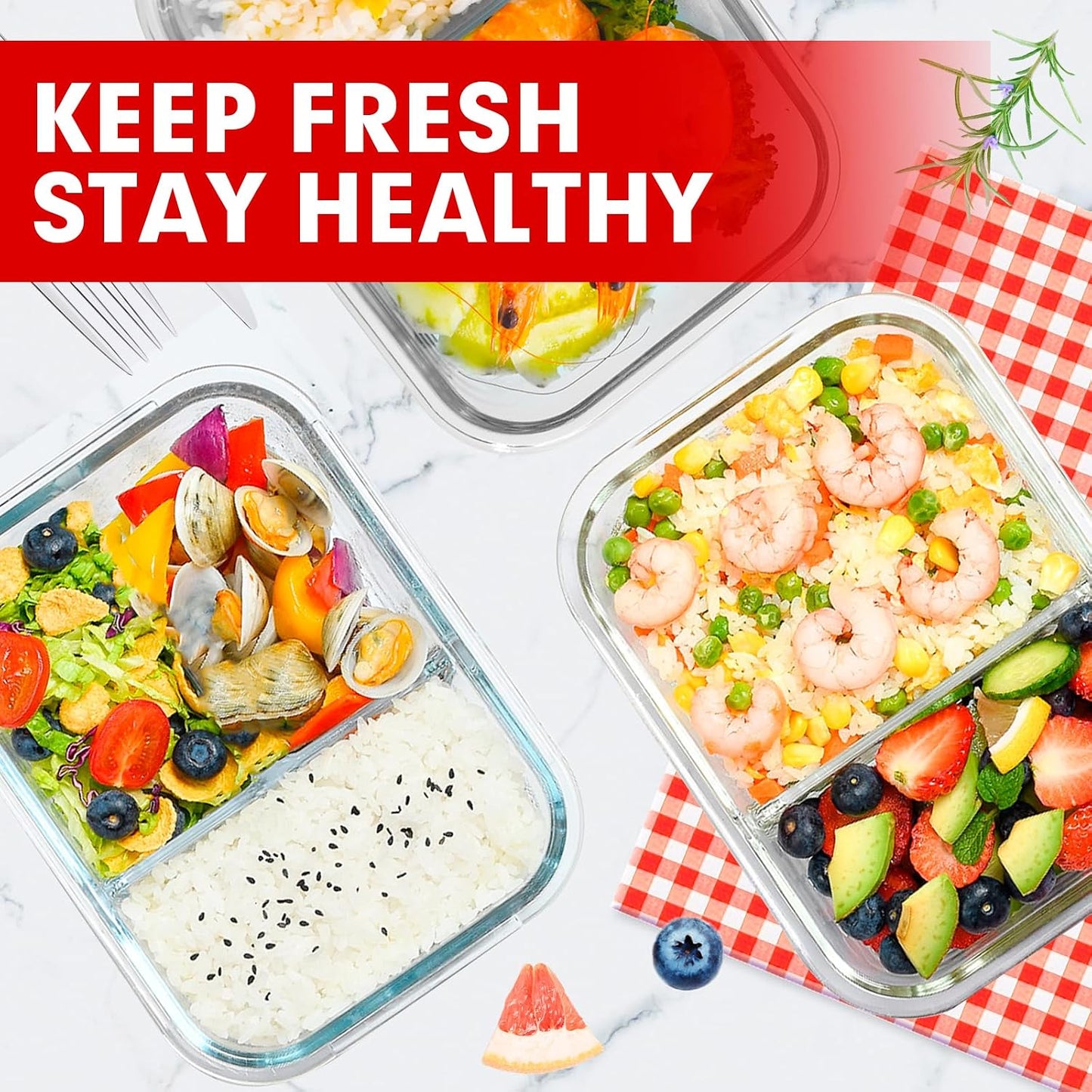 VERONES 5 Pack Glass Meal Prep Containers 2 Compartment Set, 36OZ Airtight Lunch Containers, Glass Food Storage Containers with Lids, for Microwave, Oven, Freezer & Dishwasher Friendly,White