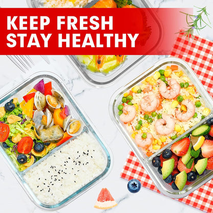 VERONES 5 Pack Glass Meal Prep Containers 2 Compartment Set, 36OZ Airtight Lunch Containers, Glass Food Storage Containers with Lids, for Microwave, Oven, Freezer & Dishwasher Friendly,White