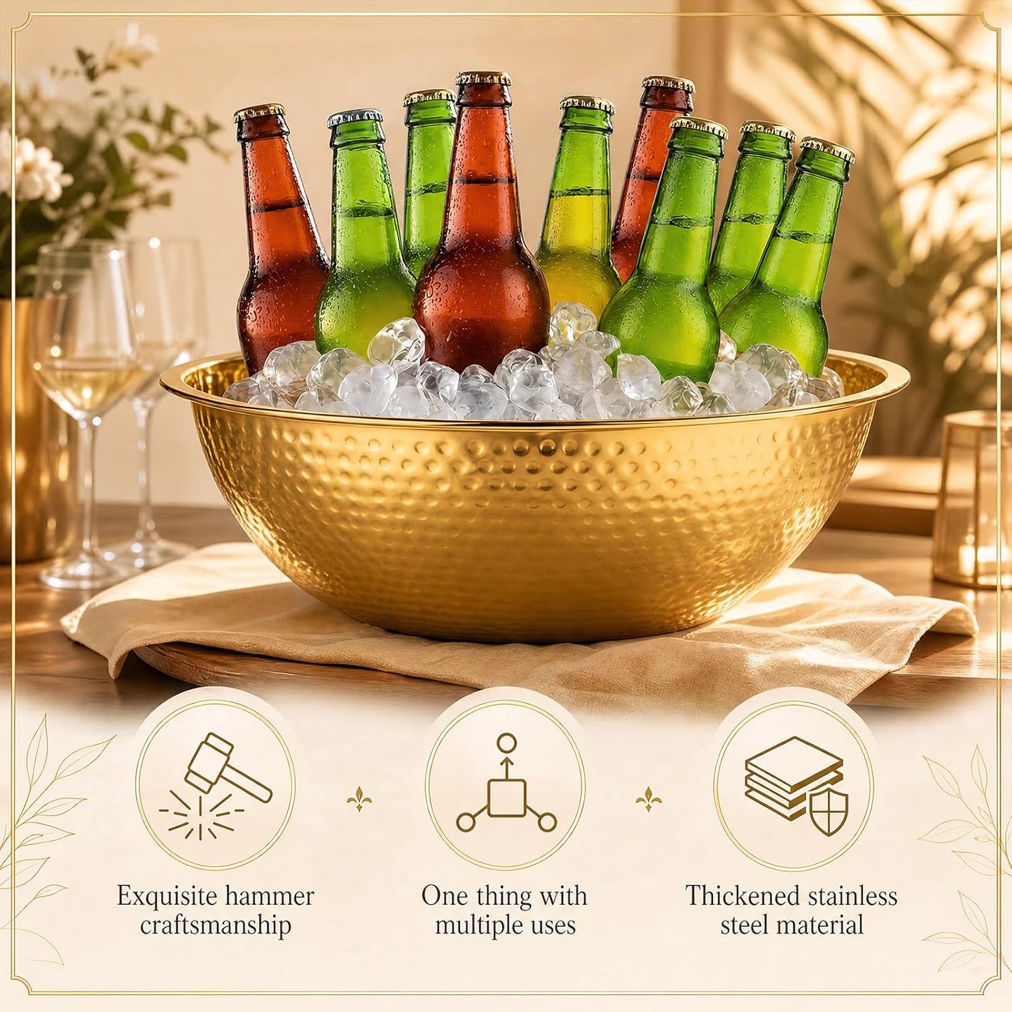 2 Pcs Large Gold Hammered Stainless Steel Beverage Tub 15.35x5.12 Inch, 16.4 Qt Leak-proof Ice Bucket for Parties, Champagne Wine Chiller Bowl, Luxury Drink Cooler for Wedding, Mimosa Bar