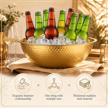 2 Pcs Large Gold Hammered Stainless Steel Beverage Tub 15.35x5.12 Inch, 16.4 Qt Leak-proof Ice Bucket for Parties, Champagne Wine Chiller Bowl, Luxury Drink Cooler for Wedding, Mimosa Bar