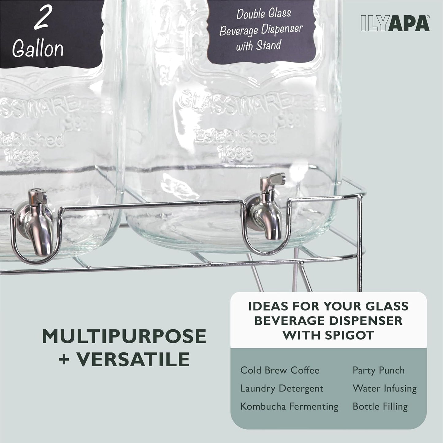 Ilyapa 2 Gallon Glass Beverage Dispenser, Metal Base, Stainless Steel Spigot & Hanging Chalkboard - for Lemonade, Tea, Cold Water & More