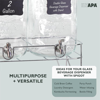 Ilyapa 2 Gallon Glass Beverage Dispenser, Metal Base, Stainless Steel Spigot & Hanging Chalkboard - for Lemonade, Tea, Cold Water & More