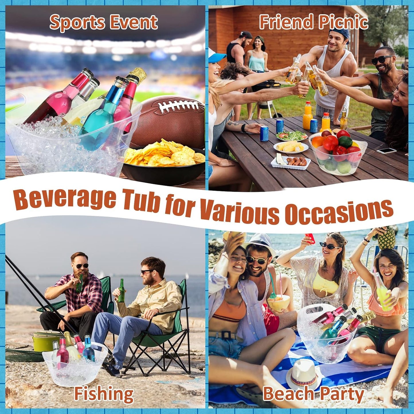 Norme 24 Pcs Oval Storage Tub with Handles, 4.5l Plastic Ice Buckets Bulk for Wine Beer Champagne Drink Cooler Beverage Storage Tub for Parties BBQ Weddings Party Outdoor Celebration(Blue & Red)