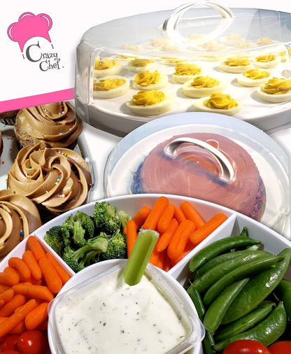 Crazy Chef 6-in-1 Collapsible Cupcake Carrier with Lid, Multi-Use Food Storage Container for Cupcakes, Deviled Eggs, Cakes, Pies, and Chips & Dip, BPA-Free with Free Cake Frosting Spatula