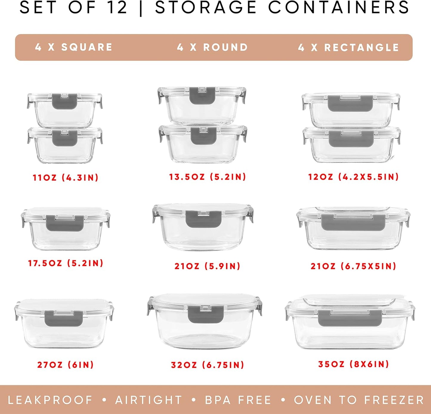 JoyJolt 24pc Borosilicate Glass Storage Containers with Lids | 12 Airtight/Freezer Safe Food Storage Containers for Pantry and Kitchen | Meal Prep Container for Lunch | Glass Tupperware Set