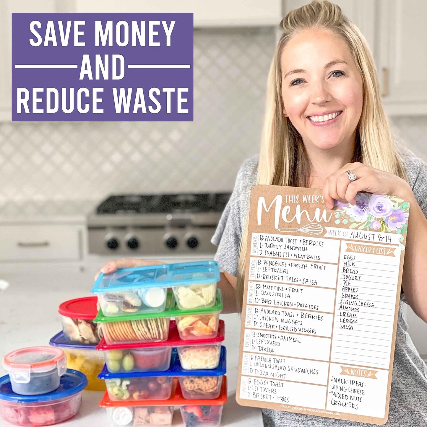 Hadley Designs Weekly Meal Planner and Dry Erase Board for Refrigerator-Floral Magnetic Weekly Menu Board for Kitchen Conversion Chart, Magnetic Meal Planner for Refrigerator