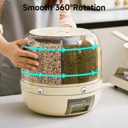 UFORU Rice Dispenser | 360° Rotating Grain Storage Bin - 6 Grids, 20LBS Large Capacity Food Container, Moisture-Proof, One-Click Output for Rice, Beans & Pet Food - Kitchen Pantry Organizer