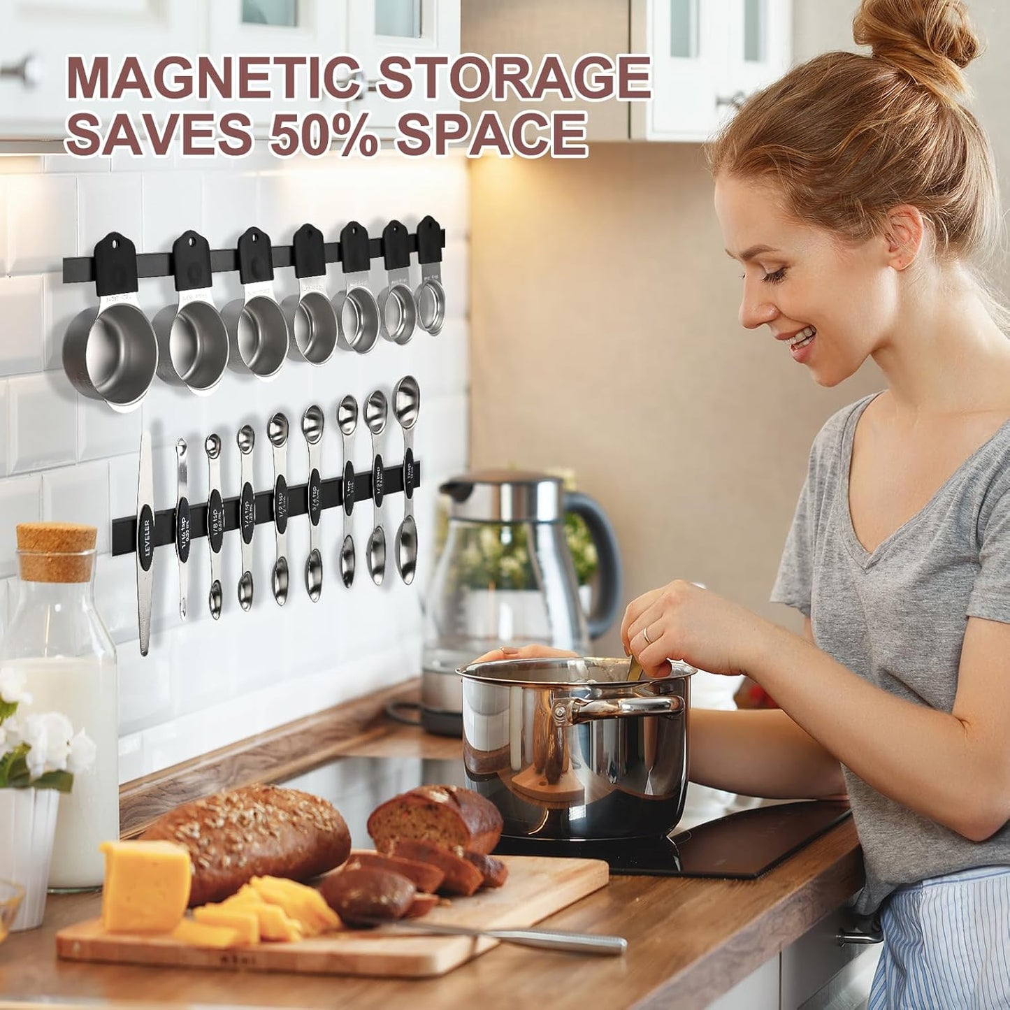 16-Piece Stainless Steel Measuring Cups and Spoons Set, Strong Magnetic Nesting Design 7 Cups 8 Spoons with Leveler, Double Measurement Markings for Dry & Liquid Ingredients, Gold