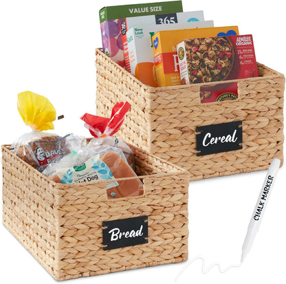 Best Choice Products Set of 4 9x12in Water Hyacinth Pantry Baskets, Woven Organizers w/Chalkboard Label, Chalk Marker - Natural