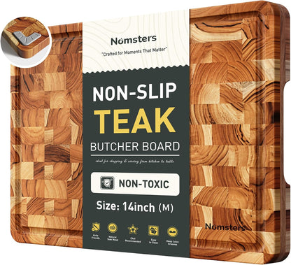 Teak Wood End Grain Cutting Board Set of 2 with Non-slip Feet, Reversible Cutting Boards for Kitchen with Juice Grooves and Handles Non Toxic Chopping Board Butcher Block Serving Tray Kitchen Gift
