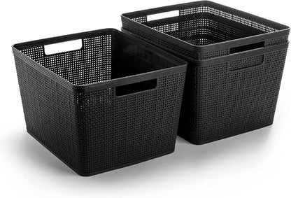 BINO Woven Plastic Basket | Large (Natural), 3-Pack | THE JUTE COLLECTION | Home Organization, Space-Saving Storage, Stylish Design | Plastic Storage Basket