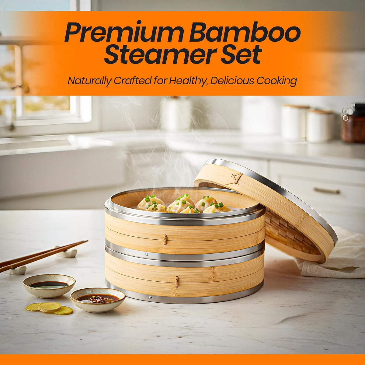 Bamboo Steamer Basket | 2 Tier 10-Inch steaming basket for Dim Sum, Bao Buns, Momos, Rice & Vegetables | Dumpling Steamer, Complete Kit: 4 Reusable Liners, 2 Sauce Dish, 2 Chopsticks, Ring Adapter | Natural Bamboo dumpling steaming basket Kit