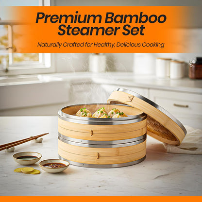 Bamboo Steamer Basket | 2 Tier 10-Inch steaming basket for Dim Sum, Bao Buns, Momos, Rice & Vegetables | Dumpling Steamer, Complete Kit: 4 Reusable Liners, 2 Sauce Dish, 2 Chopsticks, Ring Adapter | Natural Bamboo dumpling steaming basket Kit